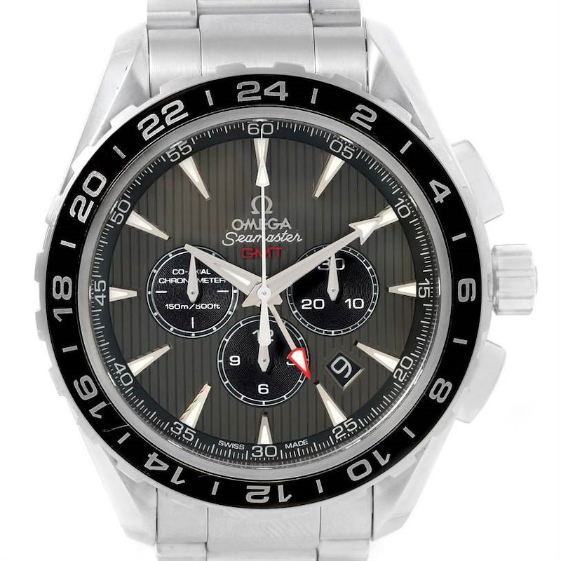 This is a front view of the Omega Seamaster Aqua Terra watch displaying its dial, bezel, and bracelet.