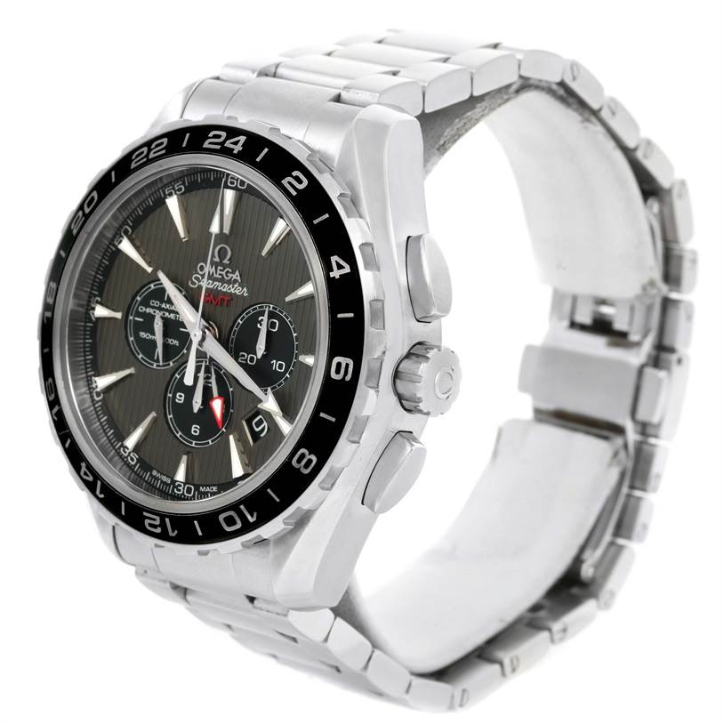 The Omega Aqua Terra 231.10.44.52.06.001 Men
s Stainless Steel Grey Dial 231.10.44.52.06.001 Men
s Stainless Steel Grey Dial watch is shown at an angle focusing on the case, bezel, dial, and bracelet.