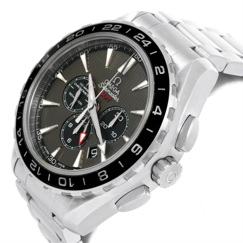 The image shows a close-up, angled view of the Omega Aqua Terra 231.10.44.52.06.001 Men
s Stainless Steel Grey Dial 231.10.44.52.06.001 Men
s Stainless Steel Grey Dial watch, highlighting its face, bezel, crown, and bracelet.