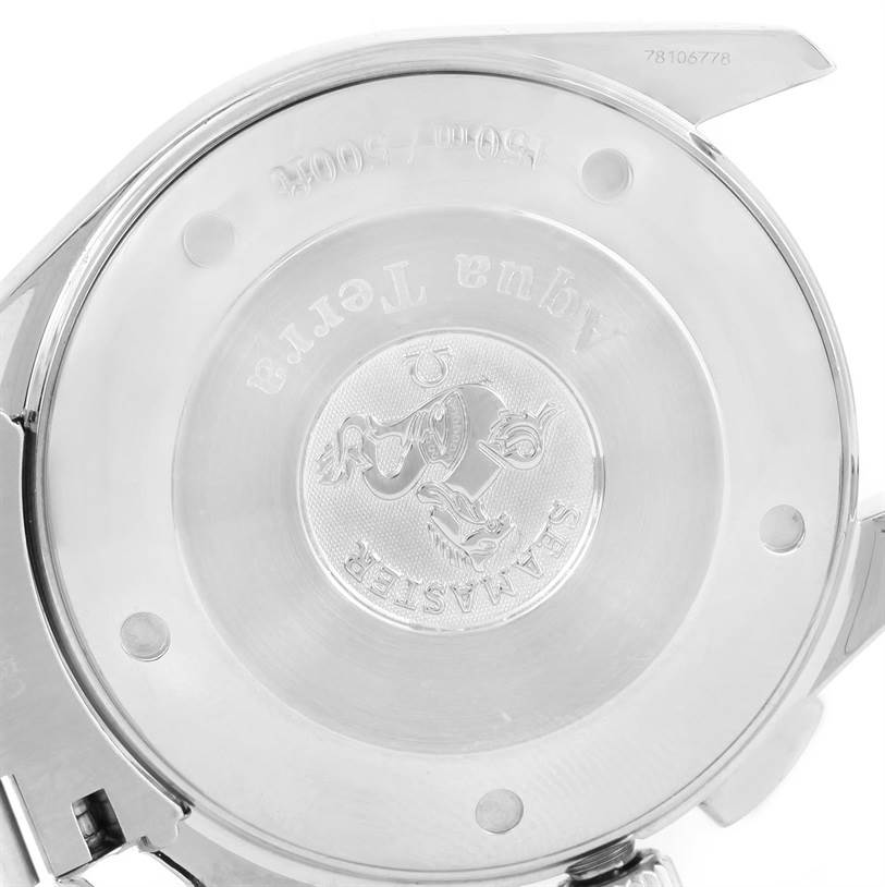 The image shows the back casing of an Omega Aqua Terra 2512.30.00 Men
s Stainless Steel Silver Dial 2512.30.00 Men
s Stainless Steel Silver Dial watch, showcasing the brand logos and engravings.