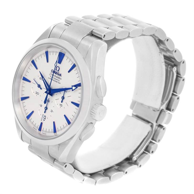 The image shows a side angle of the Omega Aqua Terra 2512.30.00 Men
s Stainless Steel Silver Dial 2512.30.00 Men
s Stainless Steel Silver Dial watch, featuring its face, case, crown, and metal bracelet.