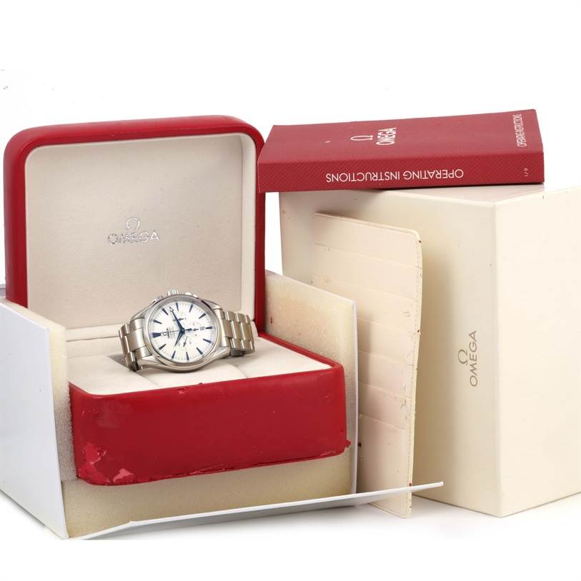 The Omega Aqua Terra 2512.30.00 Men
s Stainless Steel Silver Dial 2512.30.00 Men
s Stainless Steel Silver Dial watch is displayed in its open box with the instruction manual and outer packaging visible.