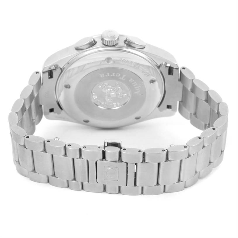 The Omega Aqua Terra 2512.30.00 Men
s Stainless Steel Silver Dial 2512.30.00 Men
s Stainless Steel Silver Dial watch is shown from the back, highlighting the case back, crown, pushers, and metal bracelet.