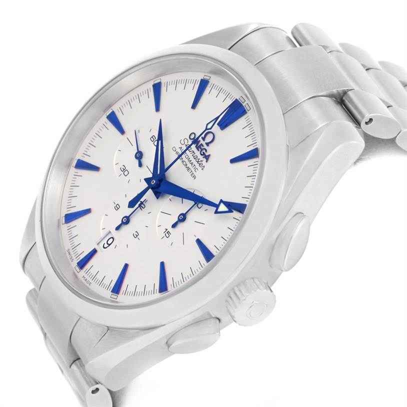 This image shows a side-angle view of the Omega Aqua Terra 2512.30.00 Men
s Stainless Steel Silver Dial 2512.30.00 Men
s Stainless Steel Silver Dial watch, featuring the face, crown, and part of the bracelet.