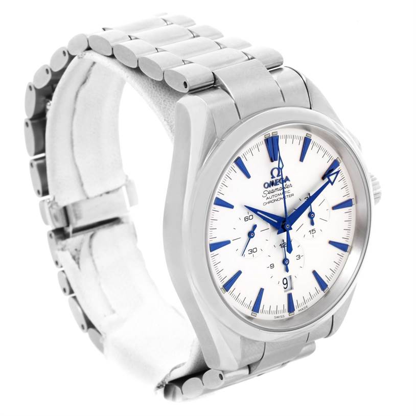 This image shows a side and slightly angled view of the Omega Aqua Terra 2512.30.00 Men
s Stainless Steel Silver Dial 2512.30.00 Men
s Stainless Steel Silver Dial watch, highlighting the face, bezel, and full metal bracelet.