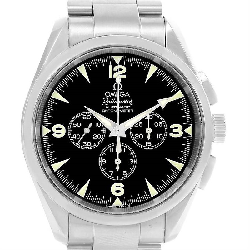 The image shows the Omega Railmaster Aqua Terra model from a front angle, revealing the entire watch face and bracelet.