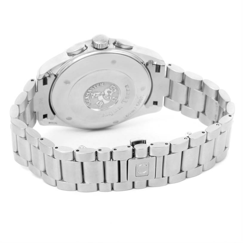 The image shows the back case and bracelet of the Omega Aqua Terra 2512.52.00 Men
s Stainless Steel Black Dial 2512.52.00 Men
s Stainless Steel Black Dial watch, focusing on the clasp and engraving on the case back.