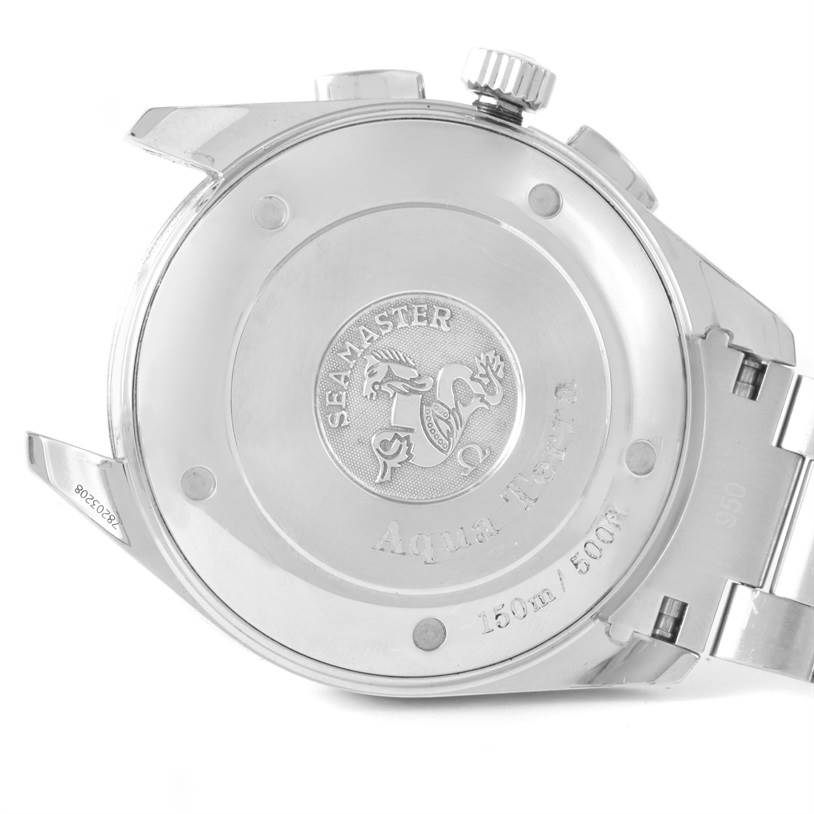 The image shows the back case and part of the bracelet of the Omega Aqua Terra 2512.52.00 Men
s Stainless Steel Black Dial 2512.52.00 Men
s Stainless Steel Black Dial watch at an angled view.