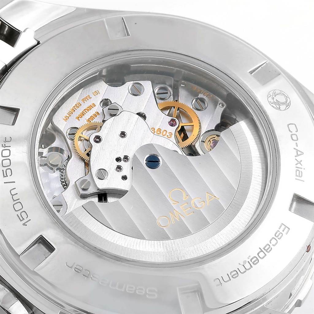 The image shows the back of the Omega Aqua Terra 231.10.44.52.04.001 Men
s Stainless Steel White Dial 231.10.44.52.04.001 Men
s Stainless Steel White Dial watch, highlighting its visible co-axial movement and inner mechanical components.