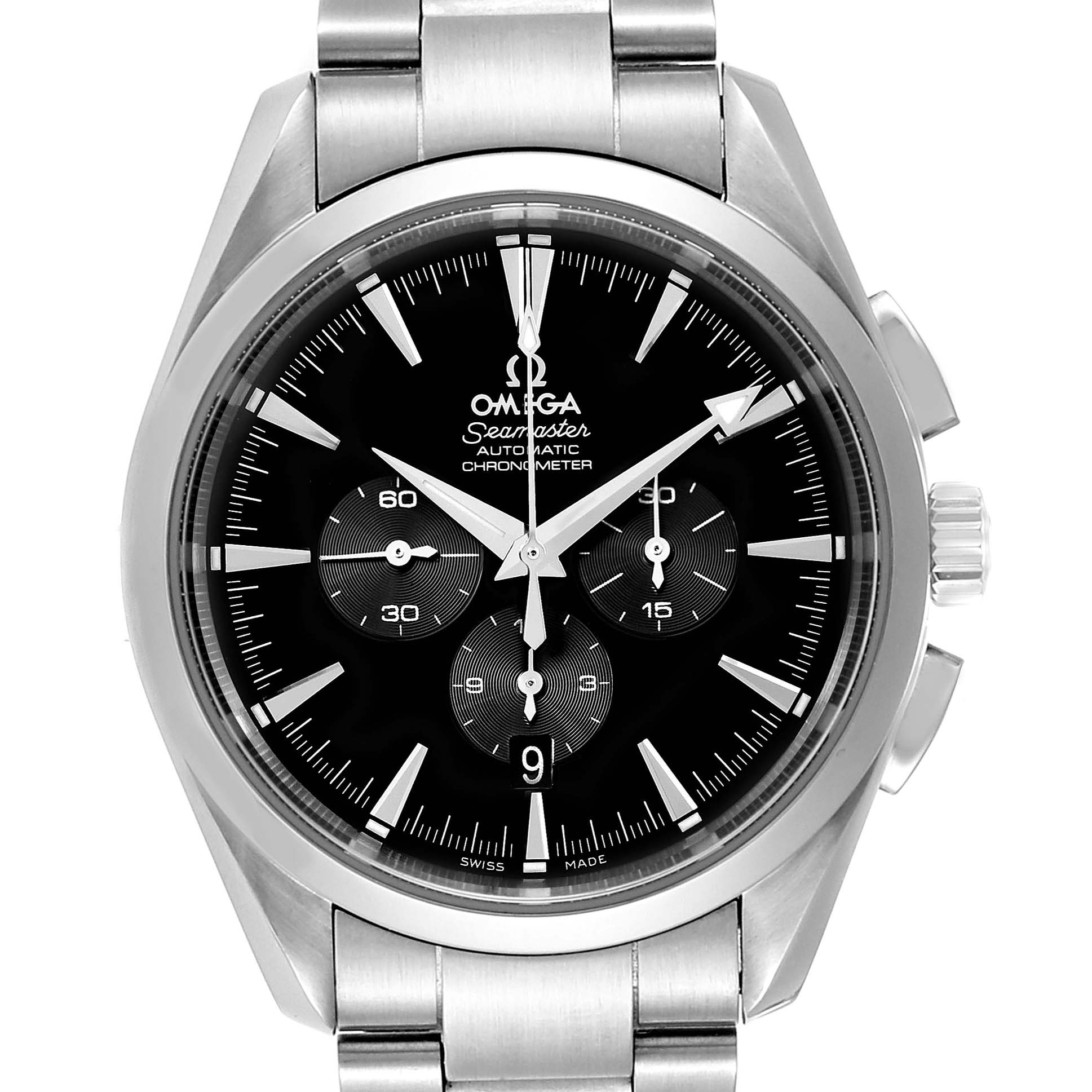 Front view of the Omega Aqua Terra 2512.50.00 Men's Stainless Steel Black Dial 2512.50.00 Men's Stainless Steel Black Dial model, showcasing the black dial, chronograph subdials, and stainless steel bracelet.