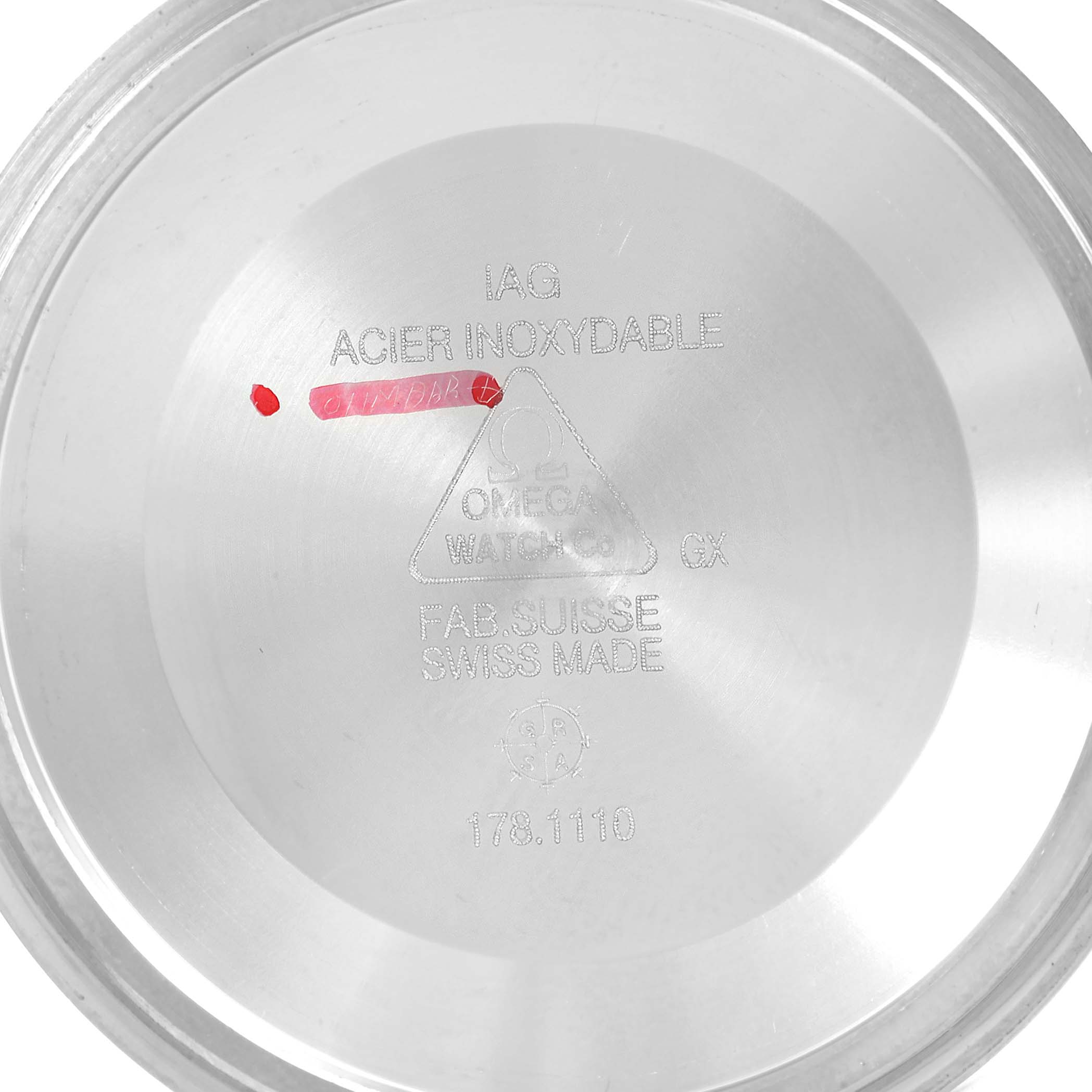 The image shows the inner side of the case back of an Omega Aqua Terra 2512.50.00 Men's Stainless Steel Black Dial 2512.50.00 Men's Stainless Steel Black Dial watch, displaying inscriptions and model details.