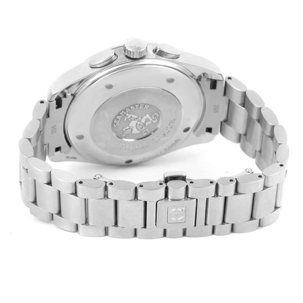 The image shows a rear angle of the Omega Aqua Terra 2512.50.00 Men's Stainless Steel Black Dial 2512.50.00 Men's Stainless Steel Black Dial watch, highlighting the case back and the metal bracelet with clasp.