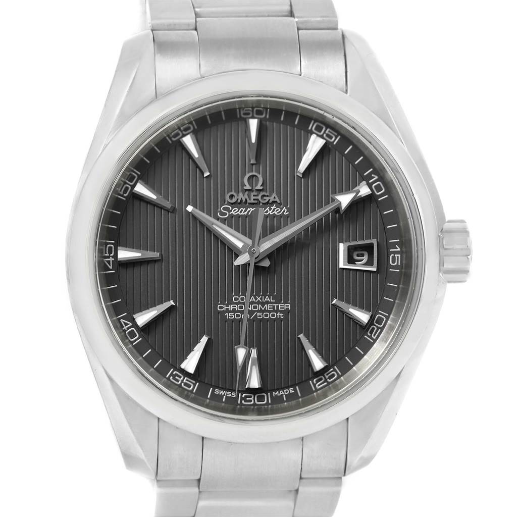 This image shows a front view of the Omega Aqua Terra 231.10.42.21.06.001 Men's Stainless Steel Grey Dial 231.10.42.21.06.001 Men's Stainless Steel Grey Dial Seamaster watch, highlighting the dial, hands, date window, and part of the bracelet.