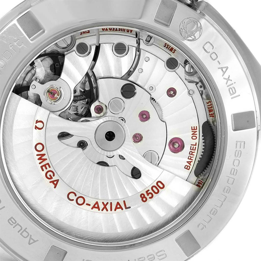 This image shows a close-up of the movement through the case back of an Omega Aqua Terra 231.10.42.21.06.001 Men's Stainless Steel Grey Dial 231.10.42.21.06.001 Men's Stainless Steel Grey Dial Co-Axial 8500 watch.
