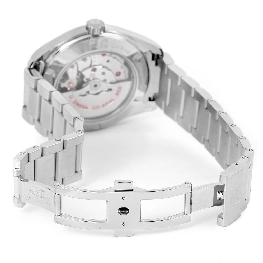 This image shows the back case and partially open stainless steel bracelet of the Omega Aqua Terra 231.10.42.21.06.001 Men's Stainless Steel Grey Dial 231.10.42.21.06.001 Men's Stainless Steel Grey Dial watch, highlighting the movement.