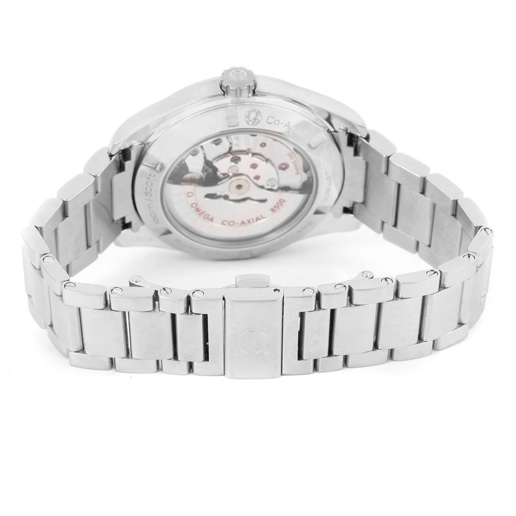 The image shows the backside of the Omega Aqua Terra 231.10.42.21.06.001 Men's Stainless Steel Grey Dial 231.10.42.21.06.001 Men's Stainless Steel Grey Dial watch, highlighting its movement and metal bracelet.