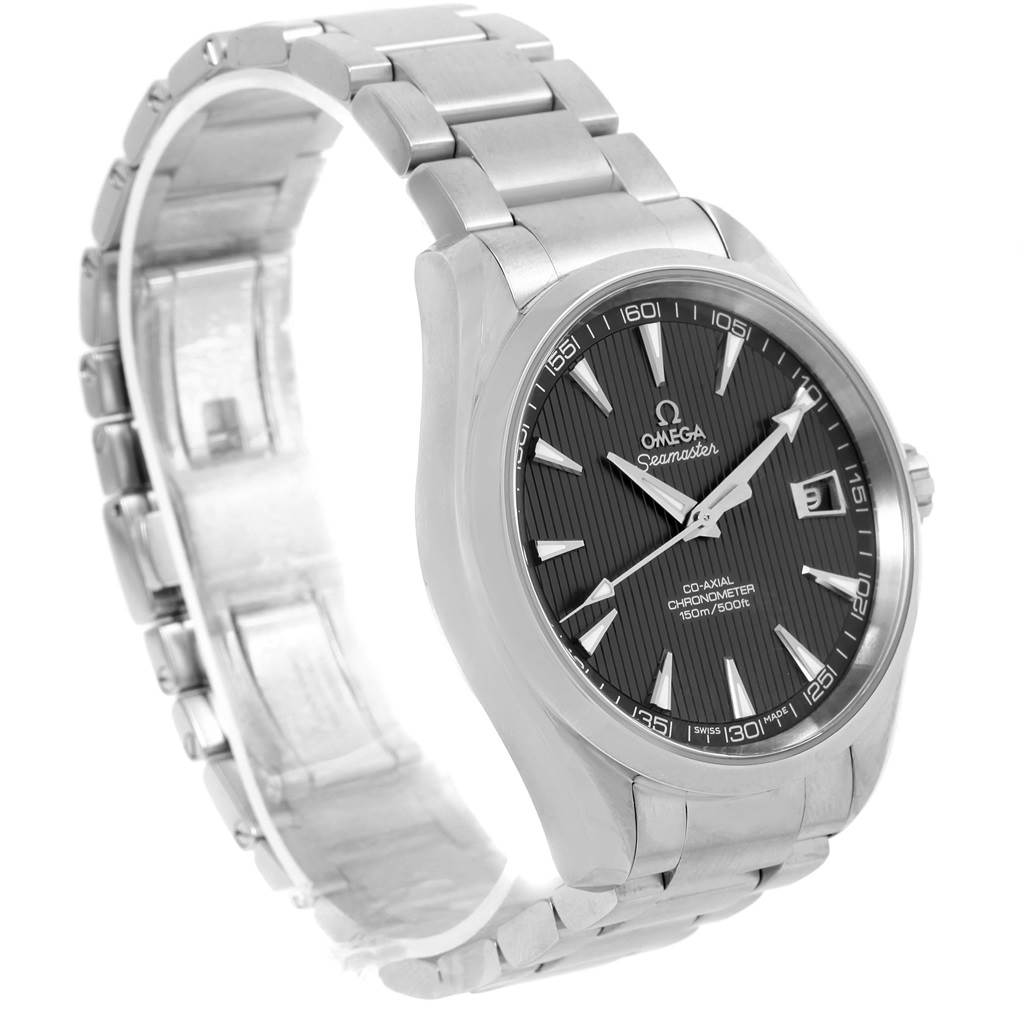 This image shows a side view of the Omega Aqua Terra 231.10.42.21.06.001 Men's Stainless Steel Grey Dial 231.10.42.21.06.001 Men's Stainless Steel Grey Dial watch, detailing its face, bracelet, and crown.