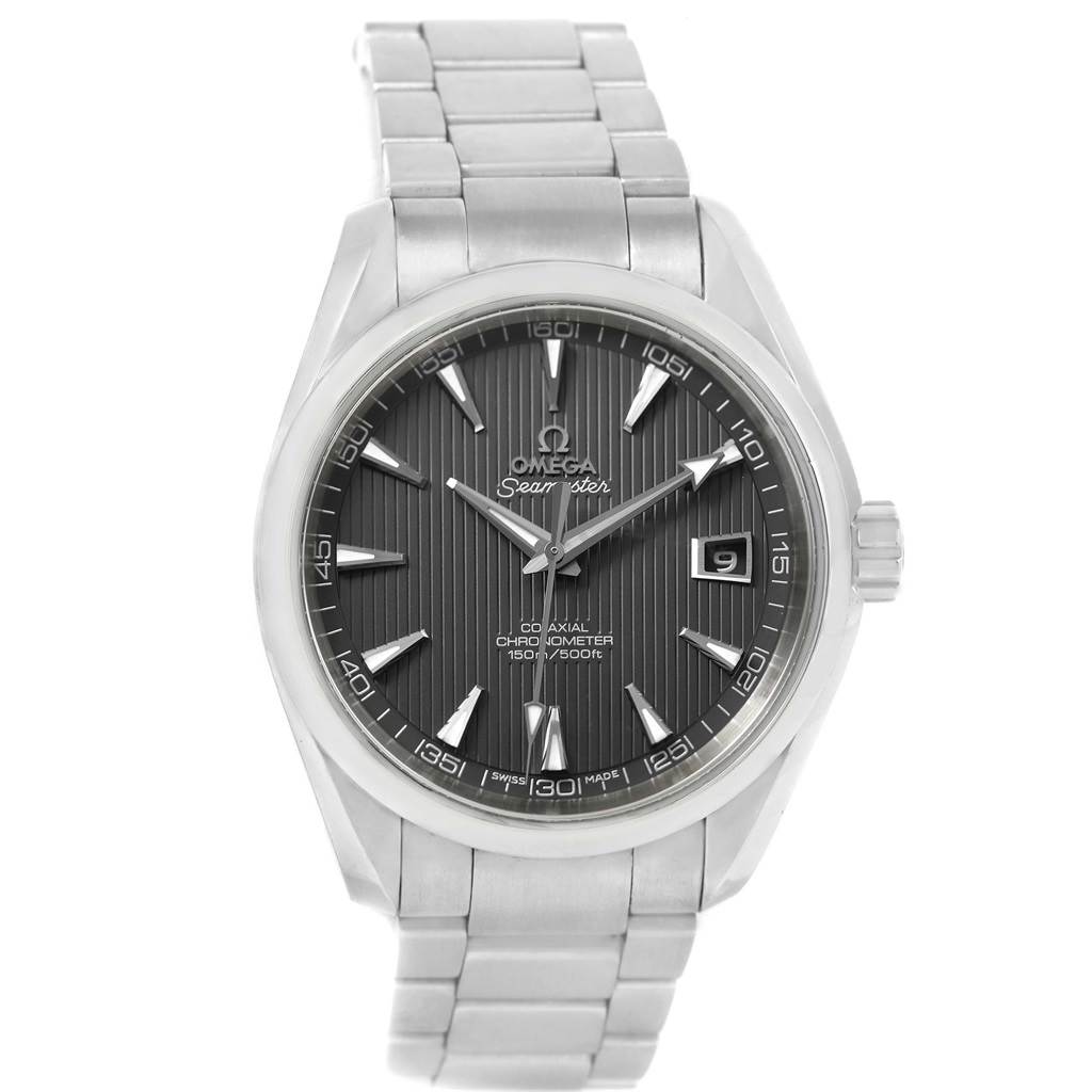 This image shows a front view of the Omega Aqua Terra 231.10.42.21.06.001 Men's Stainless Steel Grey Dial 231.10.42.21.06.001 Men's Stainless Steel Grey Dial model watch, displaying the dial, hands, date window, and bracelet.