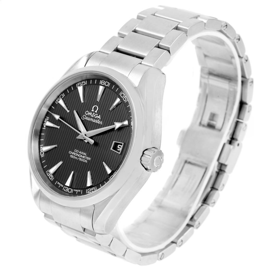 The image shows a three-quarter view of the Omega Aqua Terra 231.10.42.21.06.001 Men's Stainless Steel Grey Dial 231.10.42.21.06.001 Men's Stainless Steel Grey Dial watch, highlighting its face, crown, and metal bracelet.