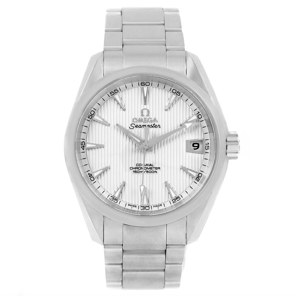 The image shows a front view of the Omega Aqua Terra 231.10.39.21.02.001 Men
s Stainless Steel Silver Dial 231.10.39.21.02.001 Men
s Stainless Steel Silver Dial Seamaster watch, displaying the dial, hands, date window, and bracelet.