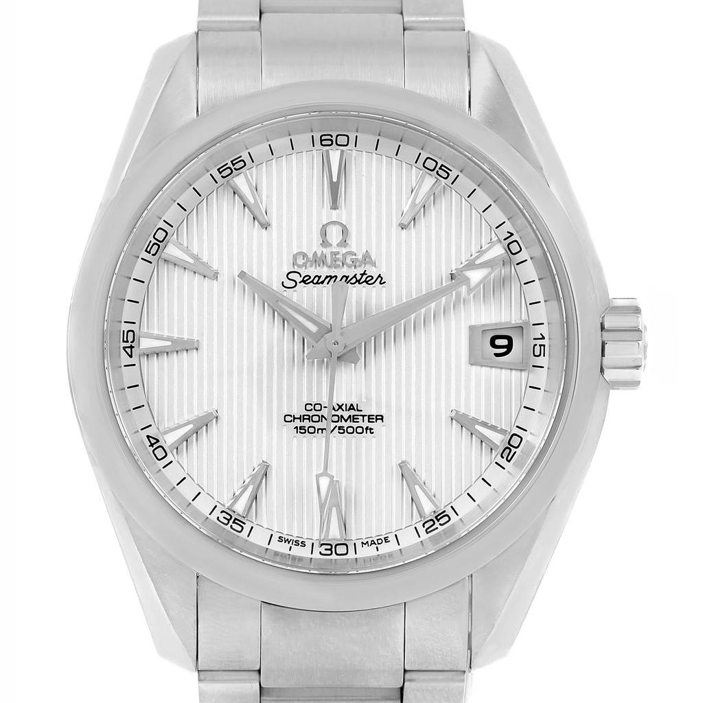 This image shows a front view of the Omega Seamaster Aqua Terra watch, featuring its dial, hands, date window, and bracelet.