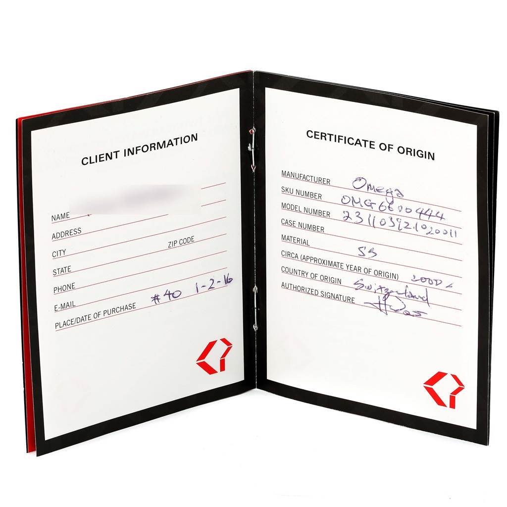 This image shows the open booklet with the certificate of origin and client information for the Omega Aqua Terra 231.10.39.21.02.001 Men
s Stainless Steel Silver Dial 231.10.39.21.02.001 Men
s Stainless Steel Silver Dial watch.