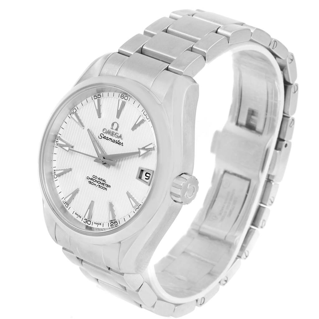 The Omega Aqua Terra 231.10.39.21.02.001 Men
s Stainless Steel Silver Dial 231.10.39.21.02.001 Men
s Stainless Steel Silver Dial watch is shown at a three-quarter angle, displaying the face, bezel, crown, and part of the metal bracelet.