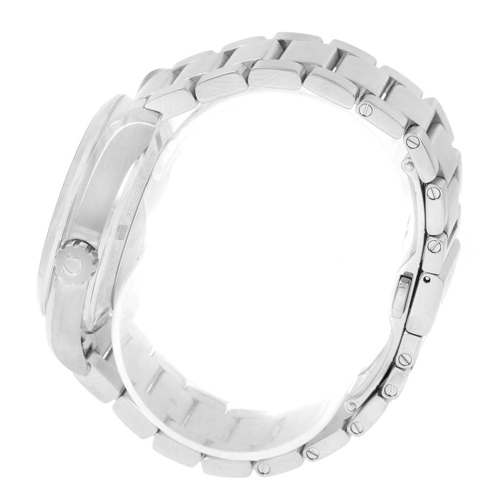 The image shows a side profile of the Aqua Terra model by Omega, highlighting the bracelet and crown.