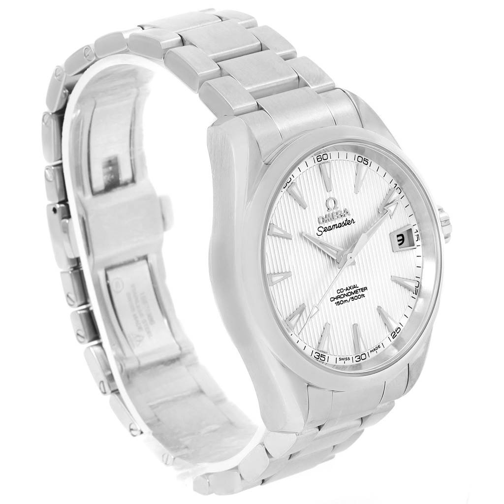 The image shows the Omega Aqua Terra 231.10.39.21.02.001 Men
s Stainless Steel Silver Dial 231.10.39.21.02.001 Men
s Stainless Steel Silver Dial watch from a three-quarter angle, highlighting the face, bezel, and part of the bracelet.