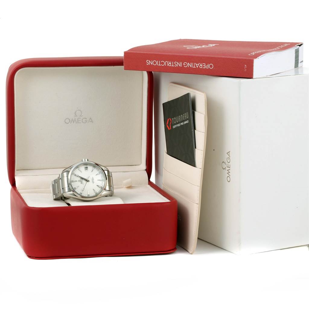 The Omega Aqua Terra 231.10.39.21.02.001 Men
s Stainless Steel Silver Dial 231.10.39.21.02.001 Men
s Stainless Steel Silver Dial watch is shown in its open red box with accompanying manuals and documentation.