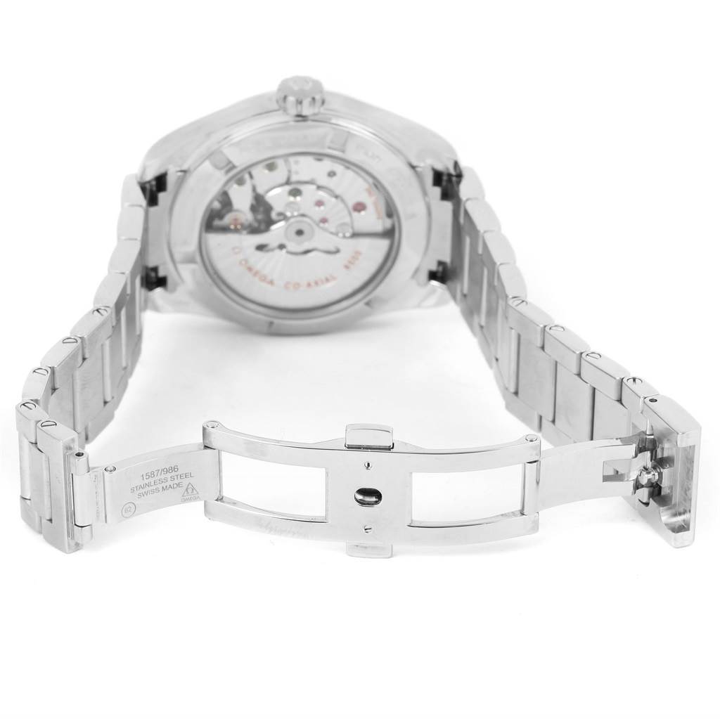 The image shows the back and interior of the bracelet of an Omega Aqua Terra 231.10.39.21.02.001 Men
s Stainless Steel Silver Dial 231.10.39.21.02.001 Men
s Stainless Steel Silver Dial watch, featuring its open clasp and movement mechanism.