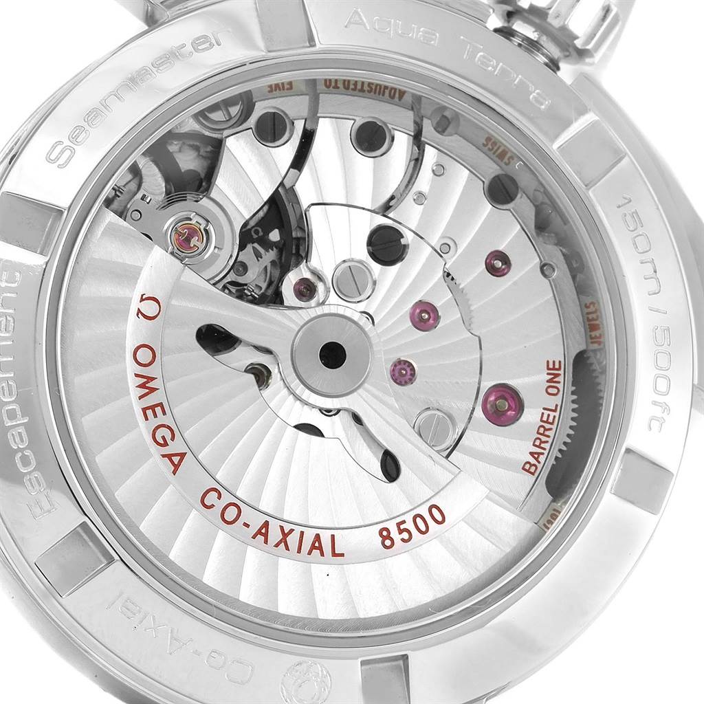 This image shows the back view of the Omega Aqua Terra 231.10.39.21.02.001 Men
s Stainless Steel Silver Dial 231.10.39.21.02.001 Men
s Stainless Steel Silver Dial watch, specifically highlighting the movement and internal mechanics.