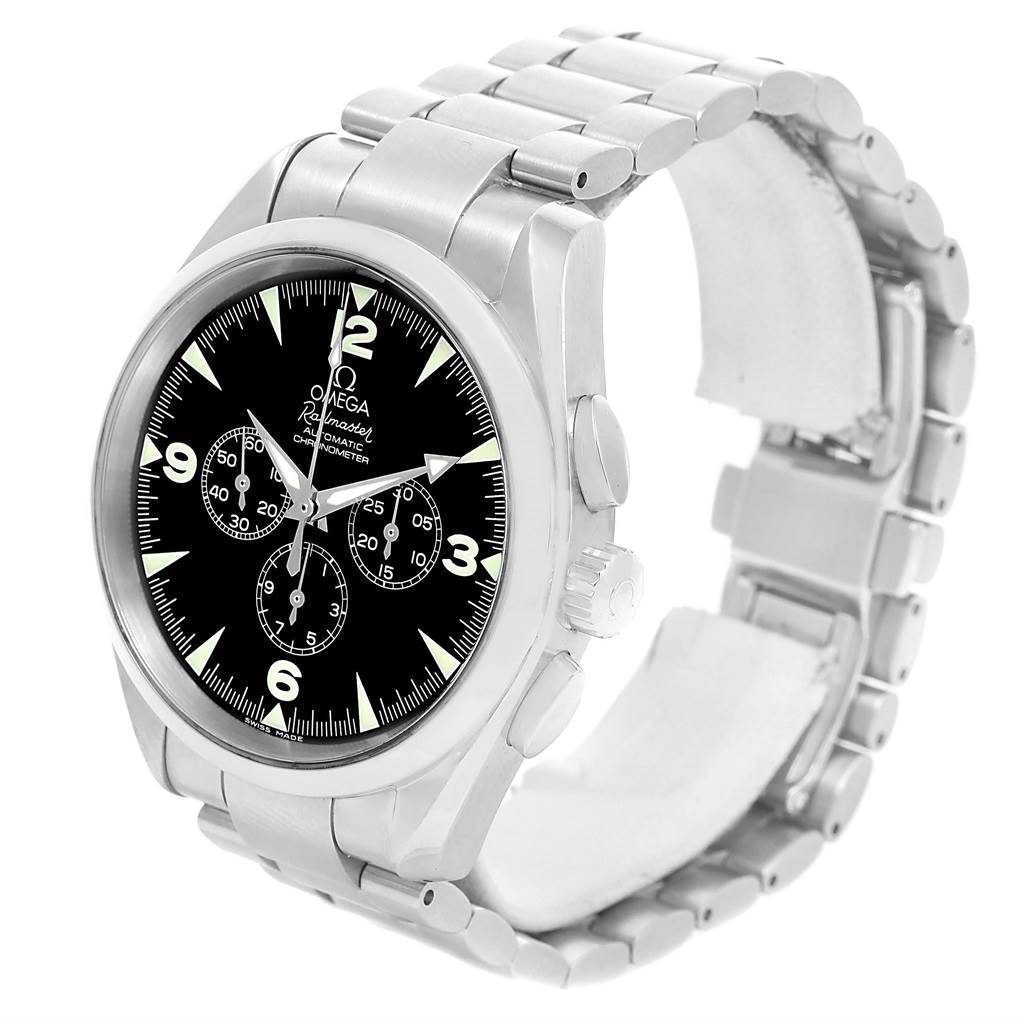 The image shows a side angle view of the Omega Aqua Terra 2812.52.37 Men's Stainless Steel Black Dial 2812.52.37 Men's Stainless Steel Black Dial watch, highlighting its face, bezel, and metal bracelet.