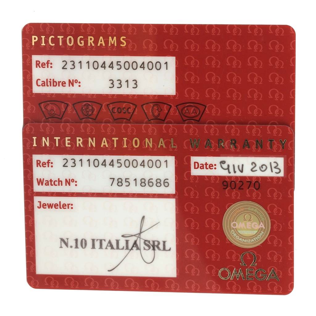 The image shows the international warranty and pictograms cards for the Omega Aqua Terra 231.10.44.50.04.001 Men's Stainless Steel White Dial 231.10.44.50.04.001 Men's Stainless Steel White Dial watch model.