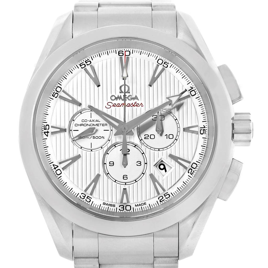 The image shows a front view of the Omega Aqua Terra 231.10.44.50.04.001 Men's Stainless Steel White Dial 231.10.44.50.04.001 Men's Stainless Steel White Dial Seamaster watch, highlighting its dial and subdials.