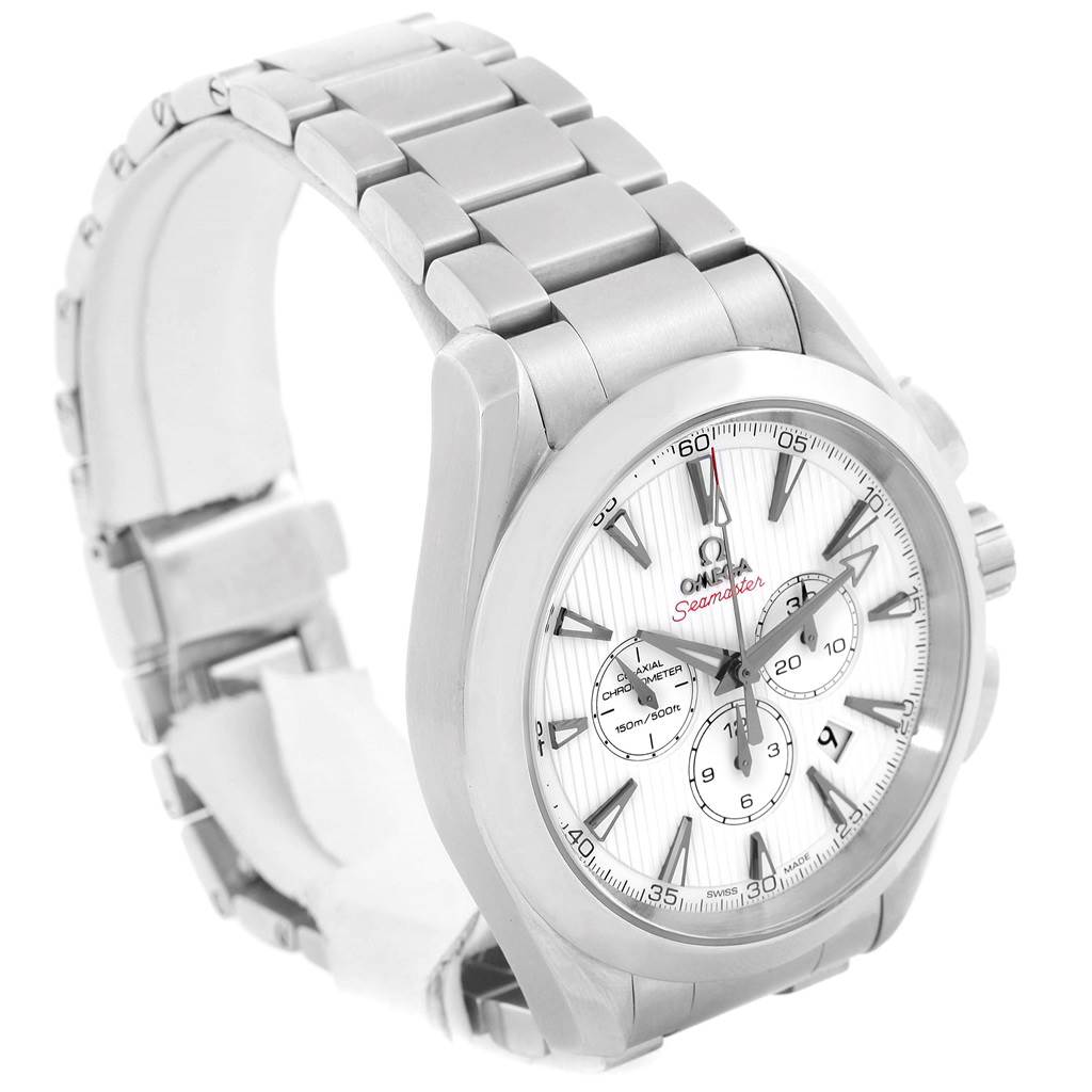 The image shows an Omega Aqua Terra 231.10.44.50.04.001 Men's Stainless Steel White Dial 231.10.44.50.04.001 Men's Stainless Steel White Dial watch from an angled side view, displaying the dial, case, bezel, and bracelet.