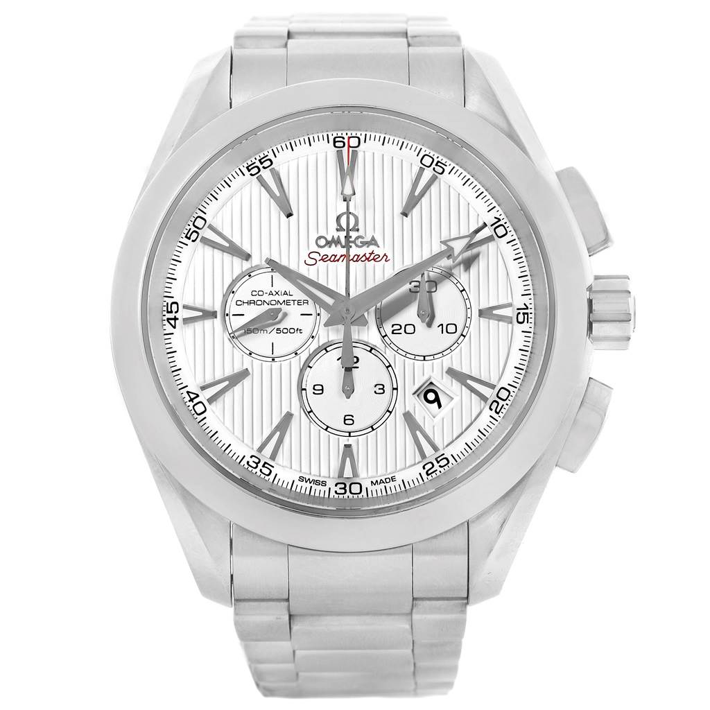 The image shows a front view of the Omega Aqua Terra 231.10.44.50.04.001 Men's Stainless Steel White Dial 231.10.44.50.04.001 Men's Stainless Steel White Dial, featuring its dial, case, and bracelet.