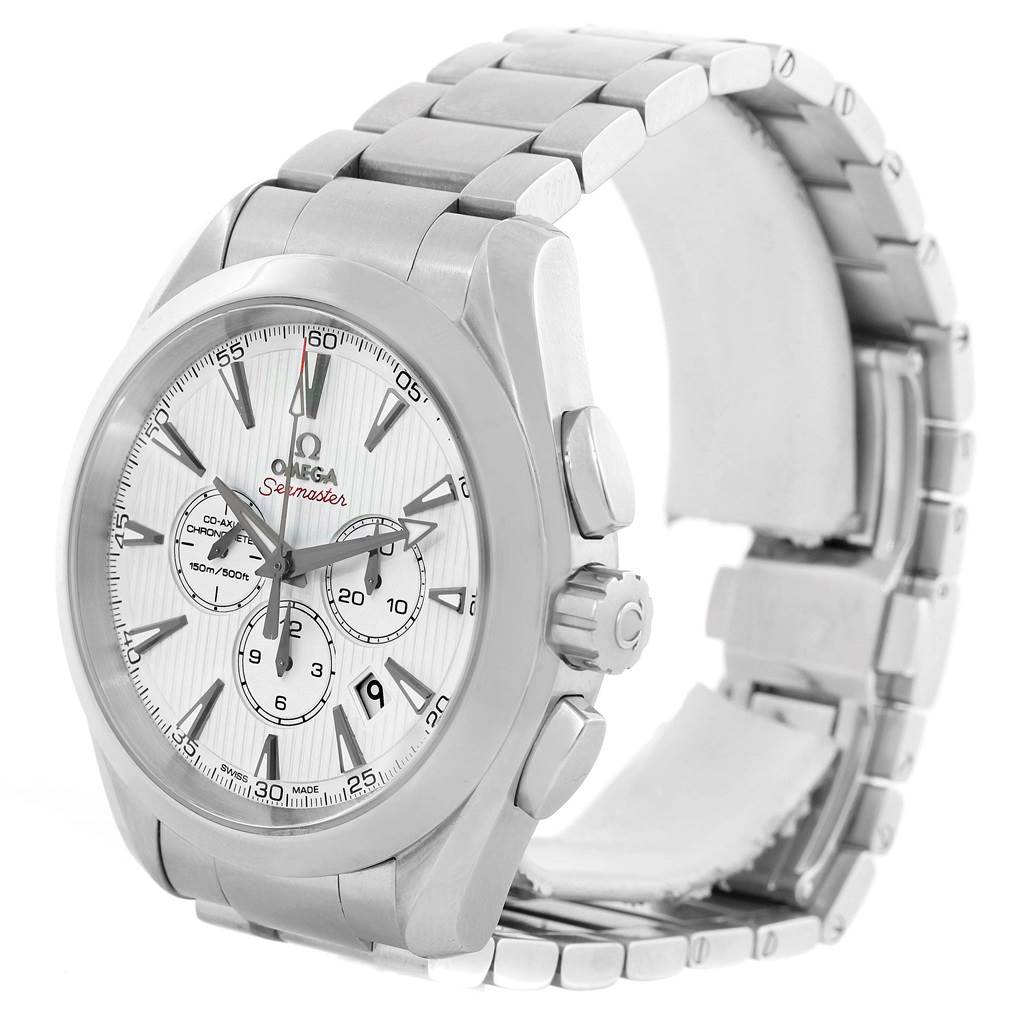 This Omega Aqua Terra 231.10.44.50.04.001 Men's Stainless Steel White Dial 231.10.44.50.04.001 Men's Stainless Steel White Dial watch is shown from an angled front view, highlighting the face, bezel, crown, and stainless steel bracelet.