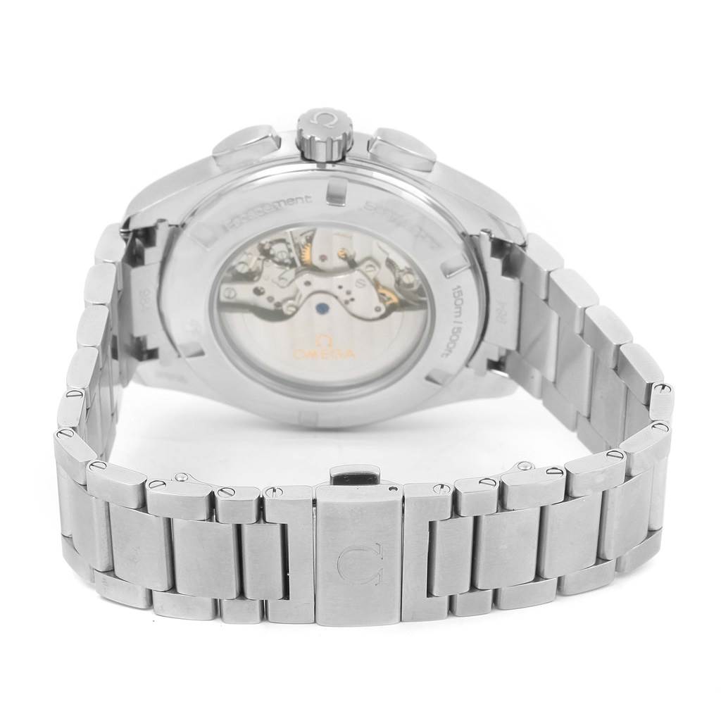 The image shows the back view of the Omega Aqua Terra 231.10.44.50.04.001 Men's Stainless Steel White Dial 231.10.44.50.04.001 Men's Stainless Steel White Dial watch, highlighting its stainless steel bracelet and transparent case back.