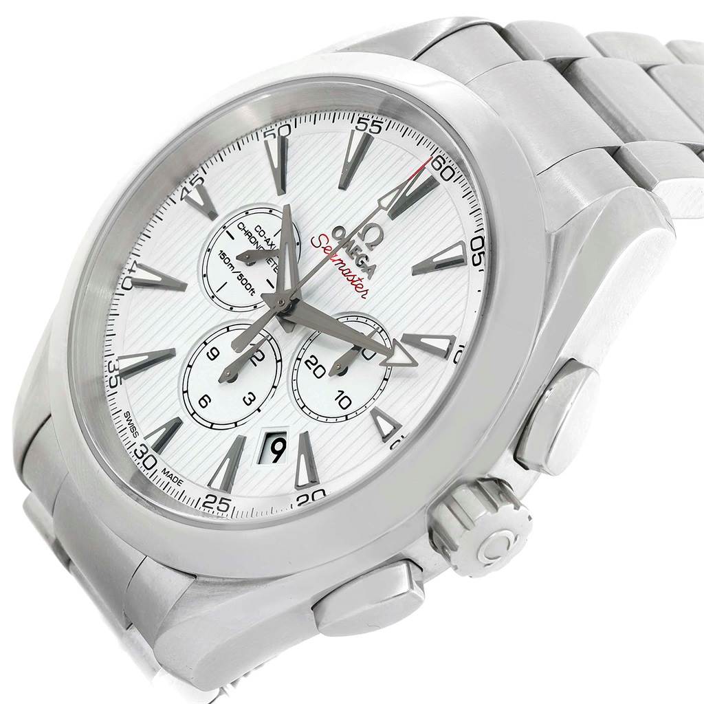 The image shows an Omega Aqua Terra 231.10.44.50.04.001 Men's Stainless Steel White Dial 231.10.44.50.04.001 Men's Stainless Steel White Dial model watch at a slight top-side angle, highlighting the dial, crown, and pushers.