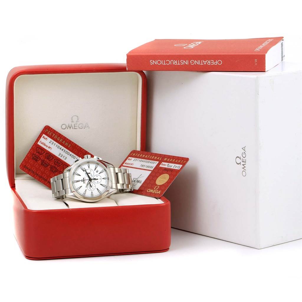 The image shows the Omega Aqua Terra 231.10.44.50.04.001 Men's Stainless Steel White Dial 231.10.44.50.04.001 Men's Stainless Steel White Dial watch at a frontal angle with its box, international warranty cards, and operating instructions.