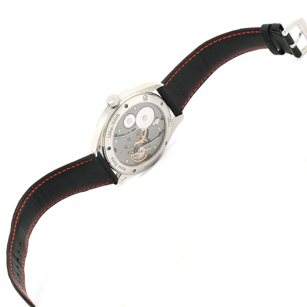 The image shows the back and strap of the Omega Aqua Terra 231.13.49.10.06.001 Men
s Stainless Steel Grey Dial 231.13.49.10.06.001 Men
s Stainless Steel Grey Dial watch, highlighting its transparent case back and internal mechanisms.