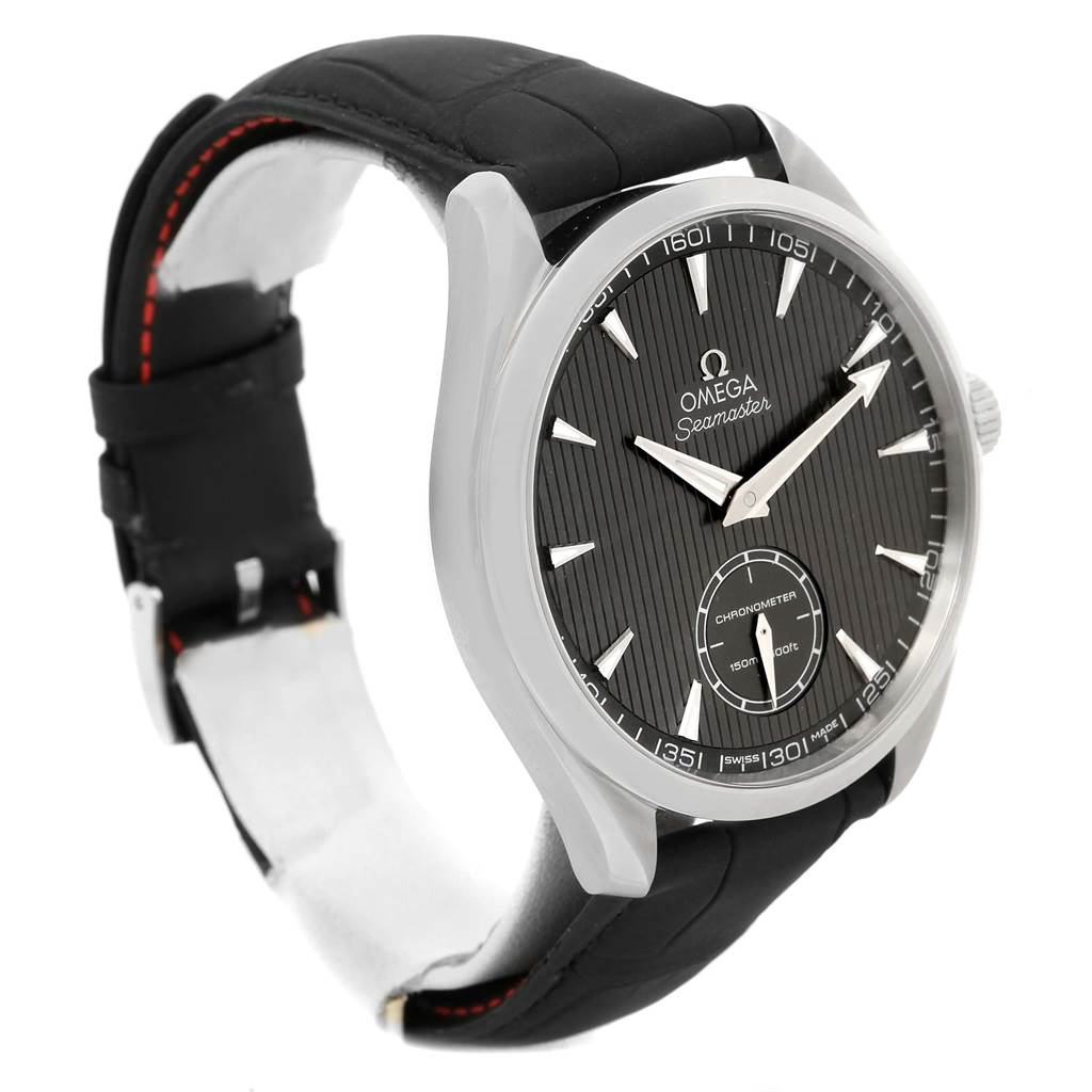 The image shows an Omega Aqua Terra 231.13.49.10.06.001 Men
s Stainless Steel Grey Dial 231.13.49.10.06.001 Men
s Stainless Steel Grey Dial watch from an angled view, highlighting the black dial, silver case, and black leather strap.