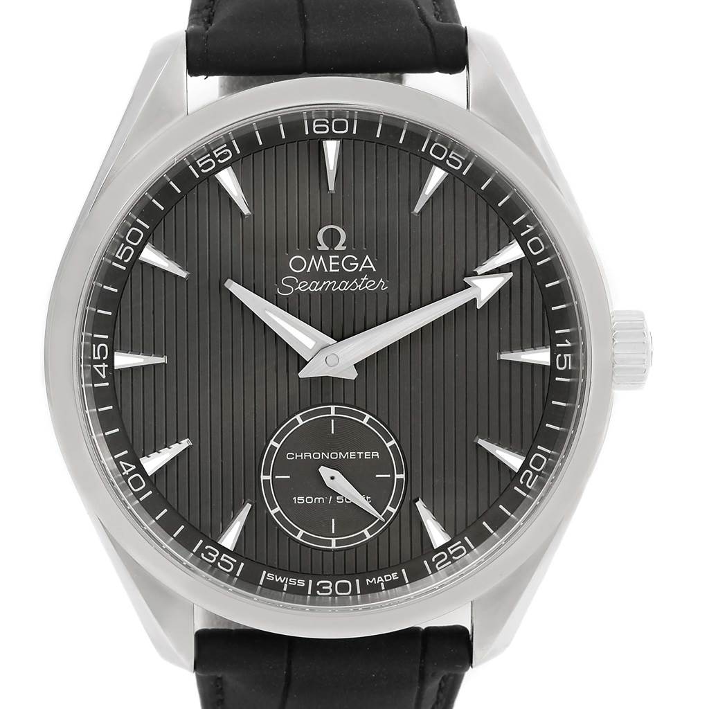 This image shows a front view of the Omega Aqua Terra 231.13.49.10.06.001 Men
s Stainless Steel Grey Dial 231.13.49.10.06.001 Men
s Stainless Steel Grey Dial Seamaster watch, highlighting its face, bezel, and part of the strap.