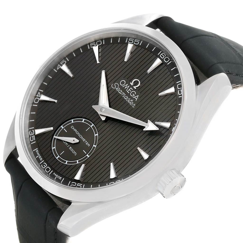 The Omega Aqua Terra 231.13.49.10.06.001 Men
s Stainless Steel Grey Dial 231.13.49.10.06.001 Men
s Stainless Steel Grey Dial watch is shown at an tilted angle displaying its black dial, indices, hands, and crown on the side.