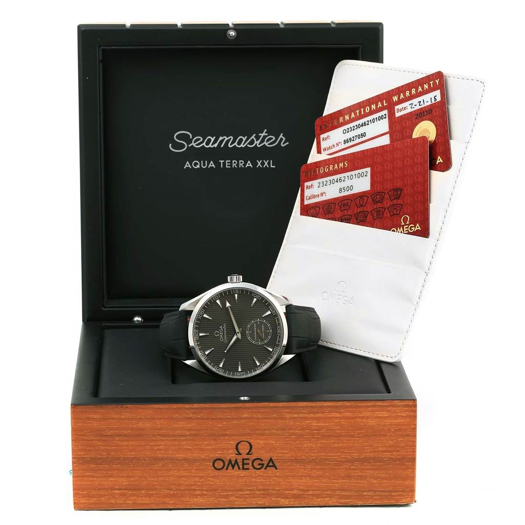 The Omega Aqua Terra 231.13.49.10.06.001 Men
s Stainless Steel Grey Dial 231.13.49.10.06.001 Men
s Stainless Steel Grey Dial watch is displayed front-on, in its open box, alongside warranty cards.