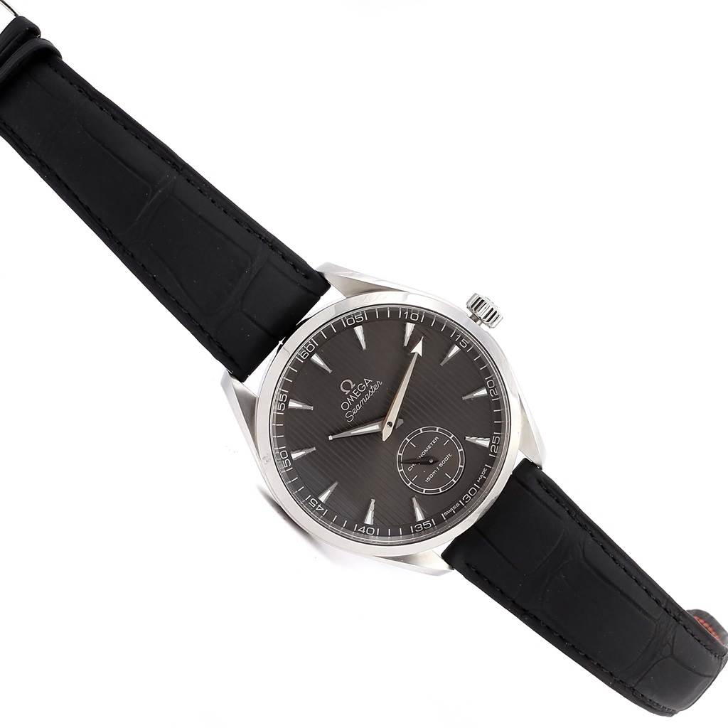 The image shows the Omega Aqua Terra 231.13.49.10.06.001 Men
s Stainless Steel Grey Dial 231.13.49.10.06.001 Men
s Stainless Steel Grey Dial watch at a slight angle, focusing on the dial, bezel, crown, and black leather strap.