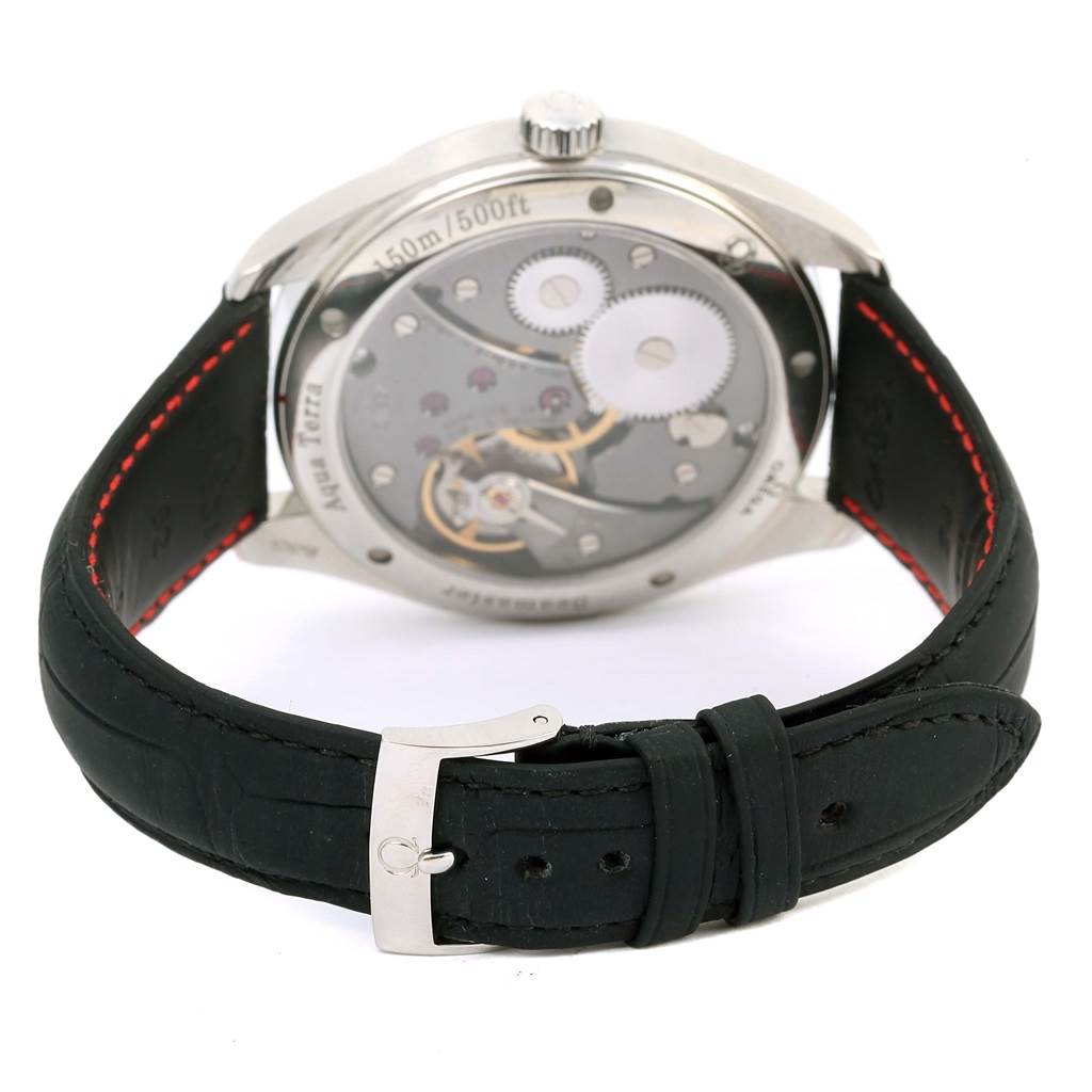 The image shows the back view of the Omega Aqua Terra 231.13.49.10.06.001 Men
s Stainless Steel Grey Dial 231.13.49.10.06.001 Men
s Stainless Steel Grey Dial watch, highlighting its caseback and black leather strap with red stitching.