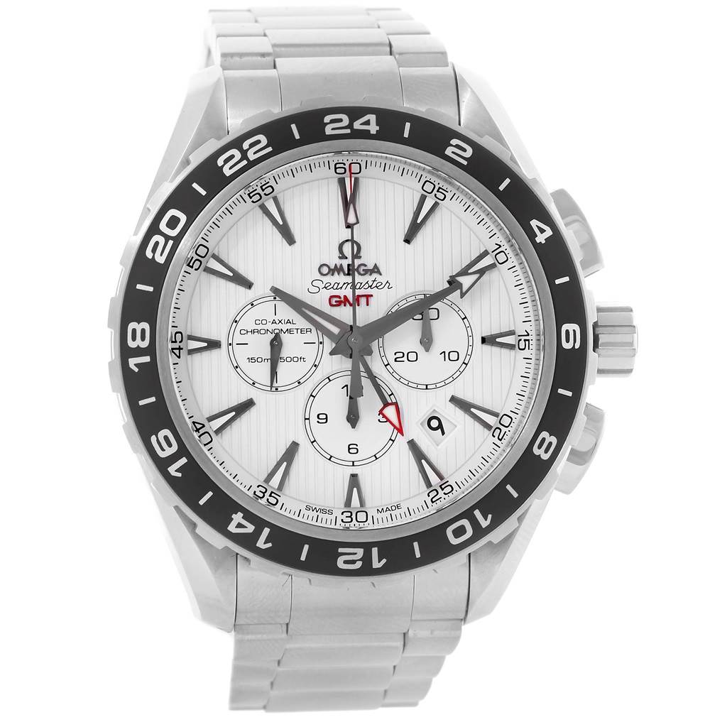 This image shows a front view of an Omega Aqua Terra 231.10.44.52.04.001 Men's Stainless Steel White Dial 231.10.44.52.04.001 Men's Stainless Steel White Dial model watch, displaying its dial, bezel, crown, and bracelet.