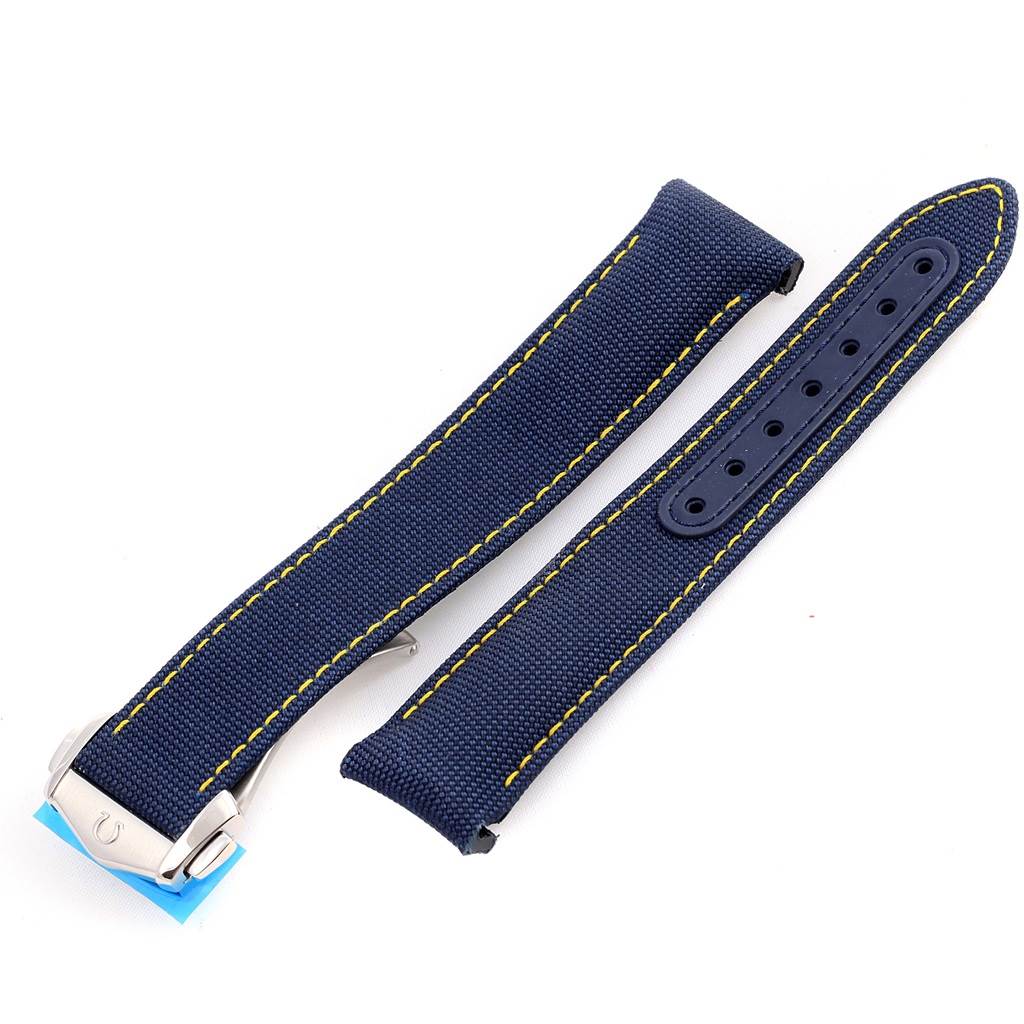 The image shows a blue strap with yellow stitching for the Omega Aqua Terra 231.10.42.21.03.004 Men
s Stainless Steel Blue Dial 231.10.42.21.03.004 Men
s Stainless Steel Blue Dial watch model.